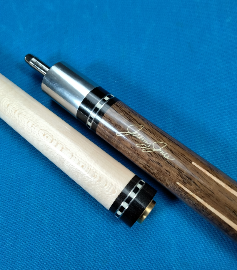Lucasi Jeremy Jones signature and butt detail on vintage pool cue